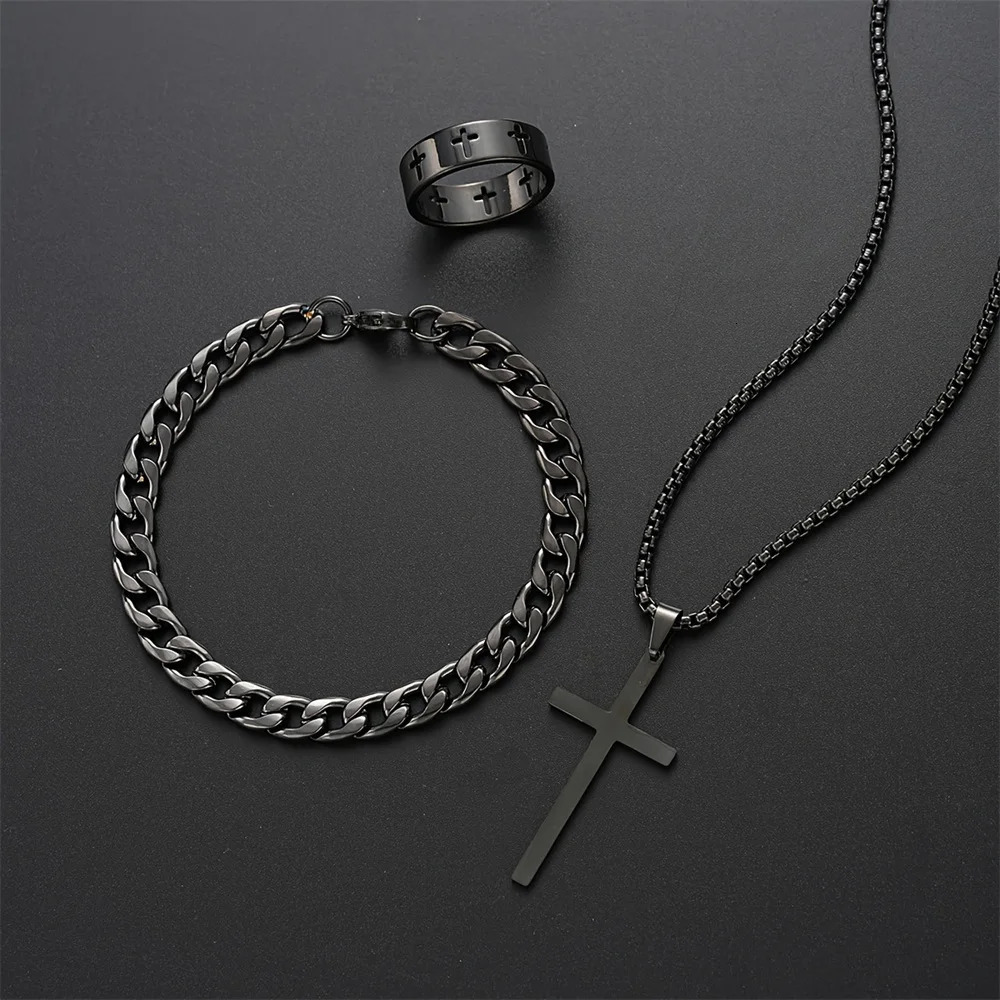 3pcs Set Mens Stainless Steel Metal Cross Pendant Chain Necklace Bracelet Ring Jewelry Male Hip Hop Daily Wear Accessories 251104