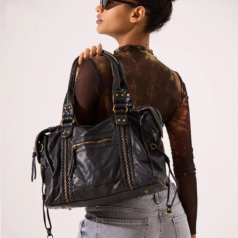 Y2K Spicy Single Shoulder Cross Bag Vintage Leather Motorcycle Bag Large Capacity Bag 250402