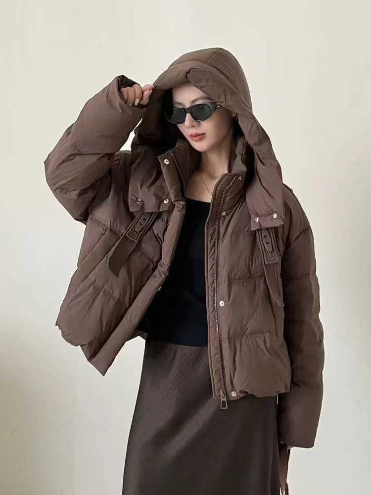 Winter Short Hooded Warm Down Jacket Female Zipper Solid Loose Quilted Jacket Women White Duck Down Thick Fluffy Parker OutwearsT251105