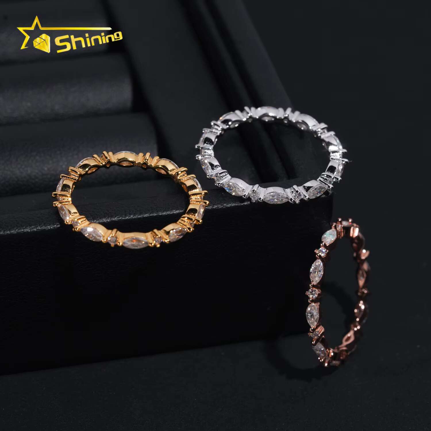 Simple Designs Marquise Cut Bezel Band VVS Moissanite Engagement Ring Gold Plated Sterling Sier Wedding Rings