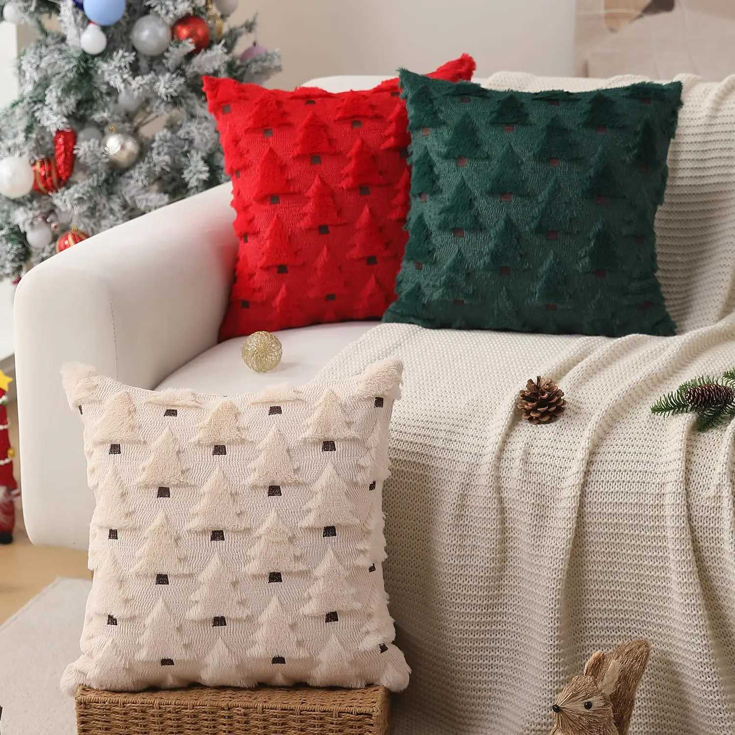 Christmas Throw Pillow Cover 18x18 Decorative Pumpkin Pattern Beige Pillowcase Soft Plush Faux Wool Cushions for Home Sofa Couch Y251105