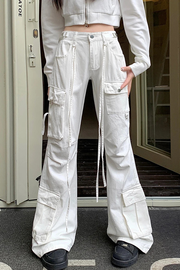 Womens retro Flares low waisted cargo pants with pockets floor length drawstring jeans style 250403