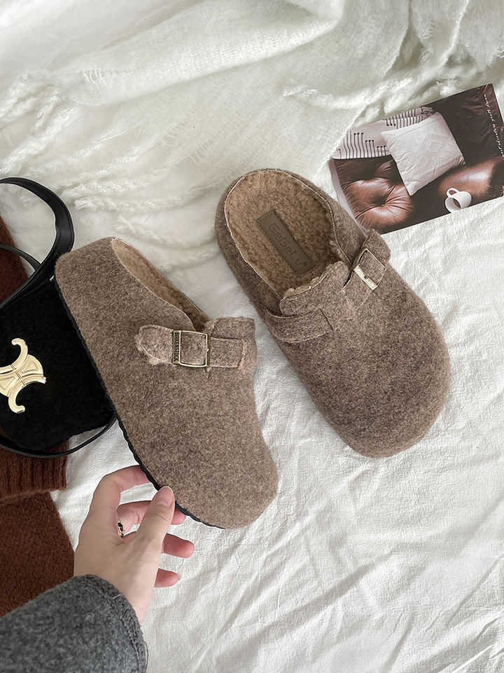 Winter New Design Arrival Women Woolen Slippers Retro Outdoor Wear Versatile Platform Thick Sole Heightening Fuzzy Slippers Gray Coffee Black Khaki Fr