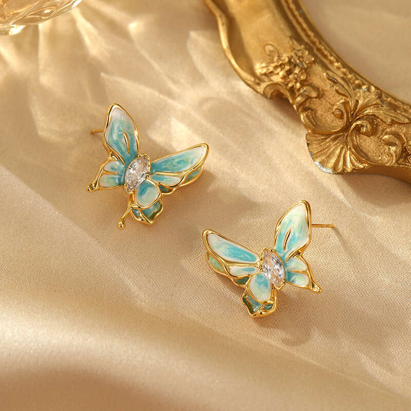 New Chinese Style Enamel Oil Drop Zircon Butterfly Unique Light Luxury Design High-end Feel Fashionable Temperament Stud Earrings