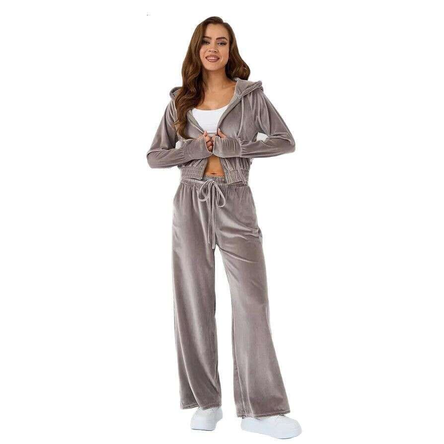 European And American Fashion Casual Women's Solid Color Zipper Cardigan Silver Fox Fleece Sweatshirt Tie Pants Two-Piece Set B5
