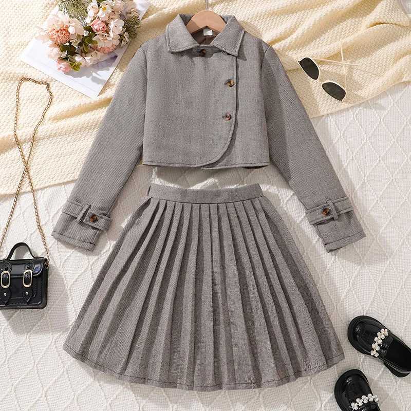 Girls College Style Suit Lapel Short Coat with Pleated Overskirt Spring Autumn Sweet Elegant 8-12 Years Old Y251105
