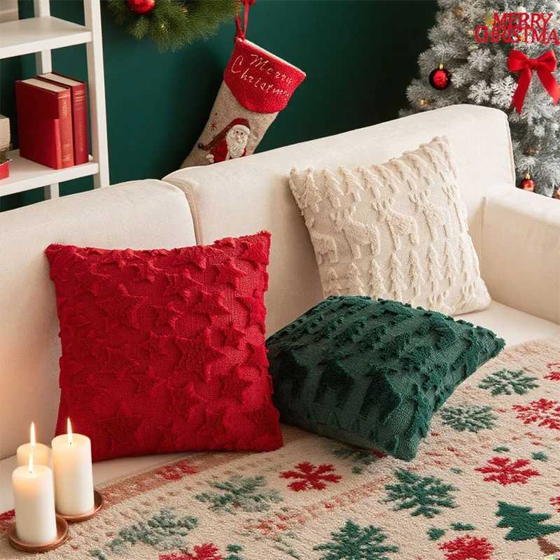 3D Christmas tree three-dimensional decorative pattern pillowcase 45x45 soft plush pillowcase cream white Christmas red and gre Y251105