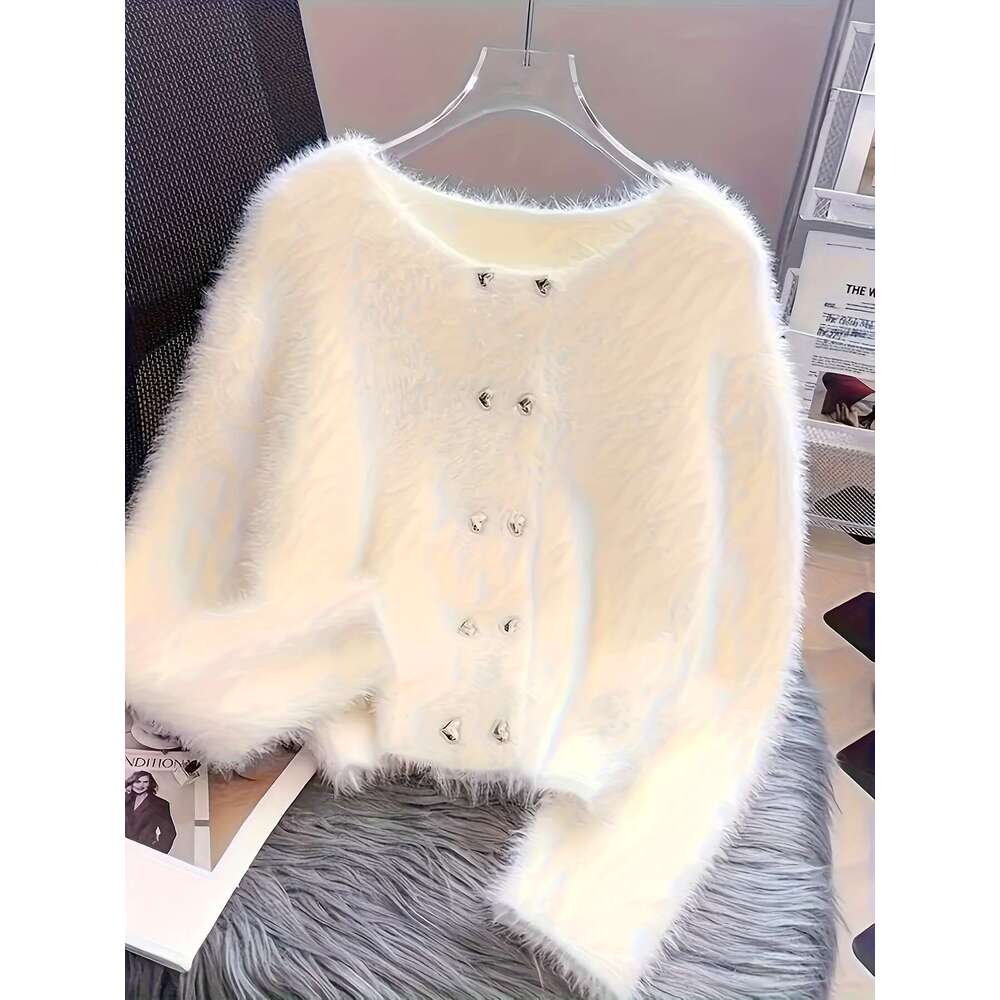 Elegant Fur Cardigan Plus Size Women's Elegant White Faux Fur-Lined Cardigan | Button-Front Sweater With Black Buttons, Round Neck Long Sleeve Fa