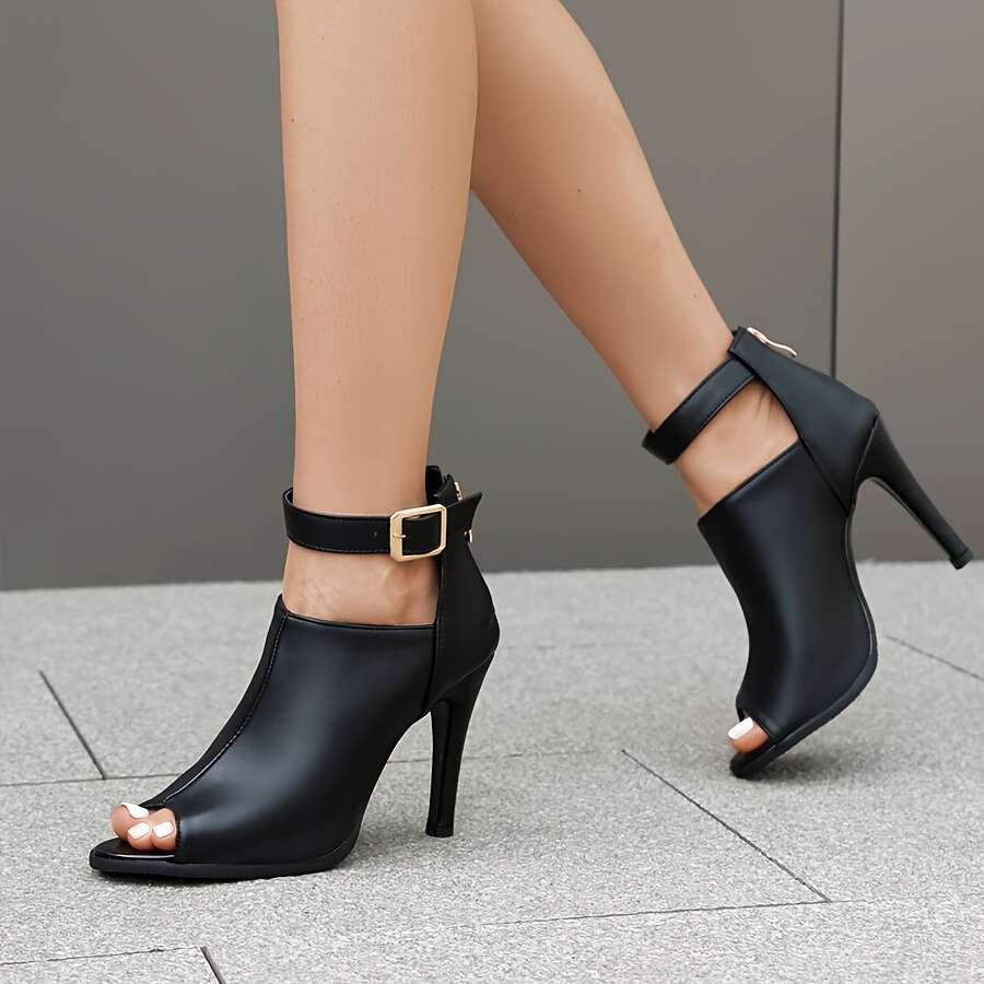 Women's Fashion Peep Toe Stiletto Heels, Ankle Strap Summer Booties, Versatile Black High Heels