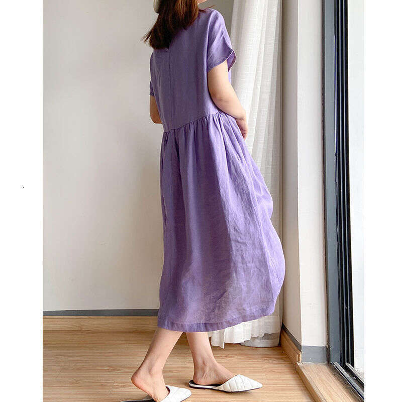 Japanese And Korean Simple Artistic Style Loose Slimming For Women Summer New Plus Size Fat MM Mid-Length Dress B5