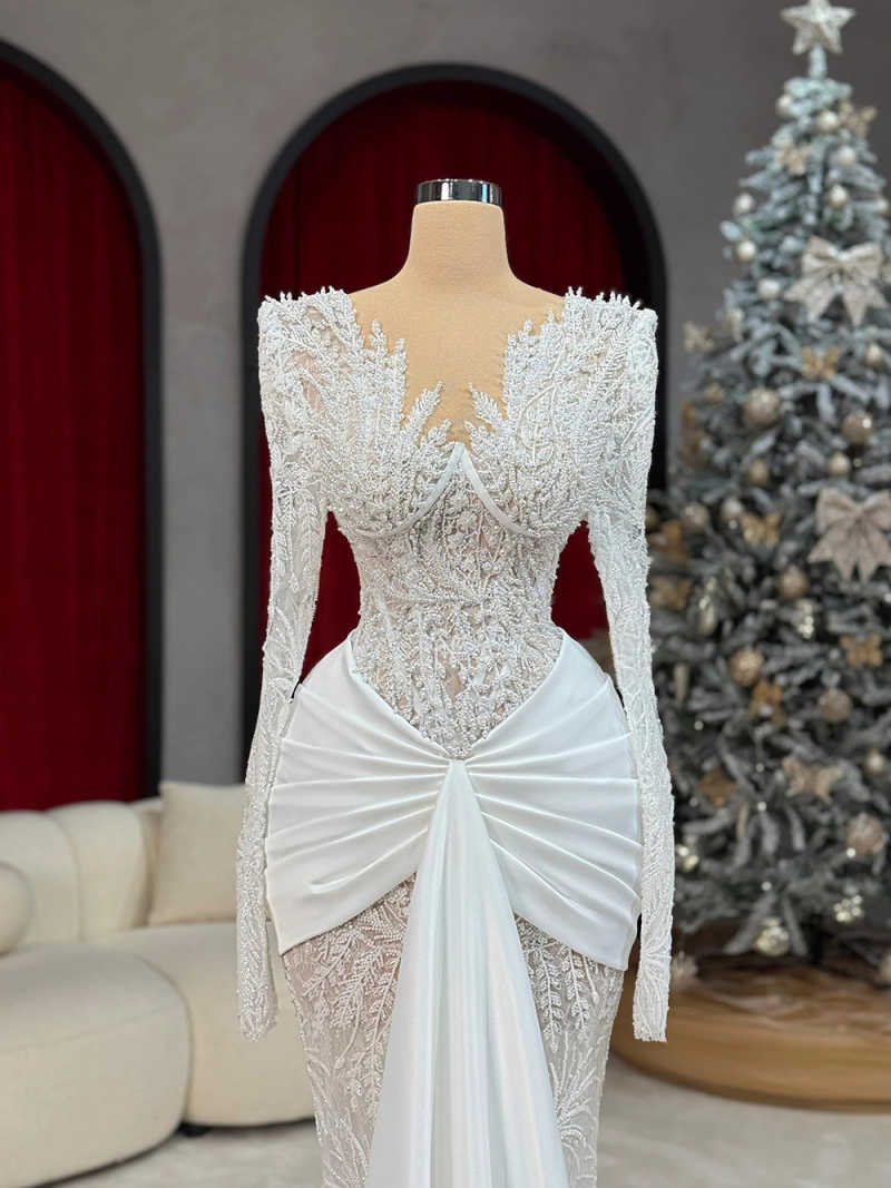 Elegant Mermaid Wedding Dresses V Neck Long Sleeve Beaded Pearl Appliques Formal Occasion Celebrity Dresses Customized