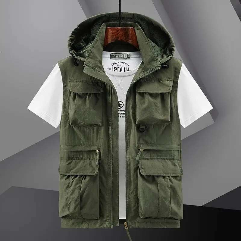 Spring New Outdoor Hooded Fishing Mens Solid Breathable Multi-Pocket High Quality Coat Detachable Hat Sports Vest Male