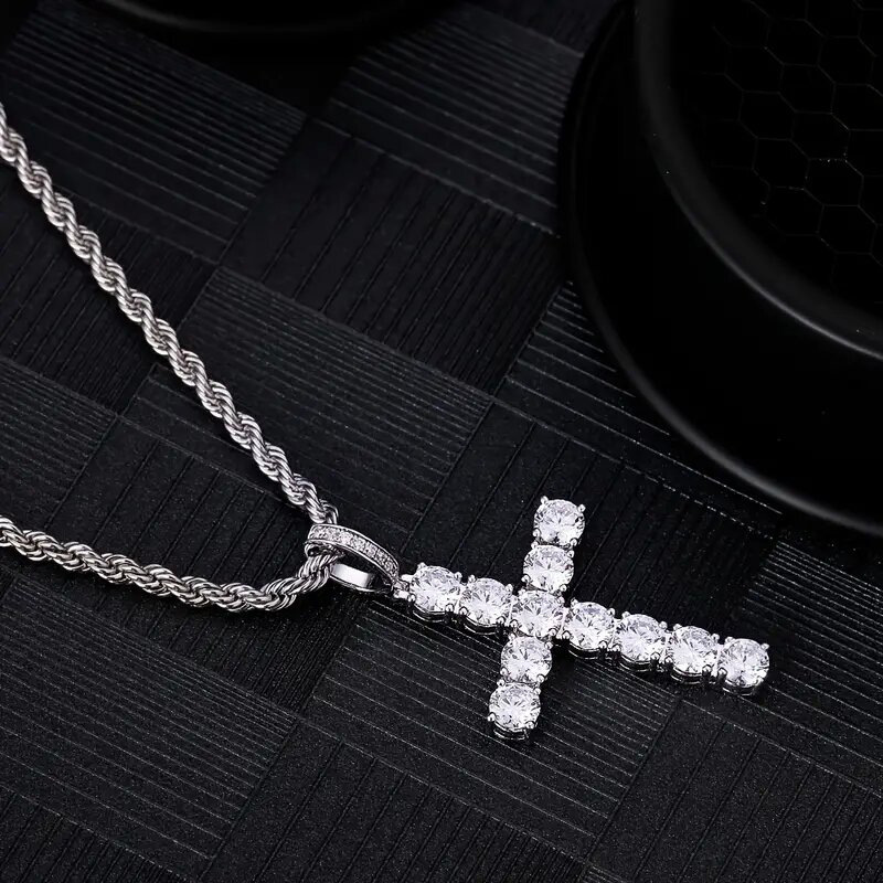 Iced Out White Gold Plated Cubic Zirconia Cross Pendant Necklace With Rope Chain Trendy Hip Hop Cross Faith Pendant Jesus Crystal Necklace For Men Wom