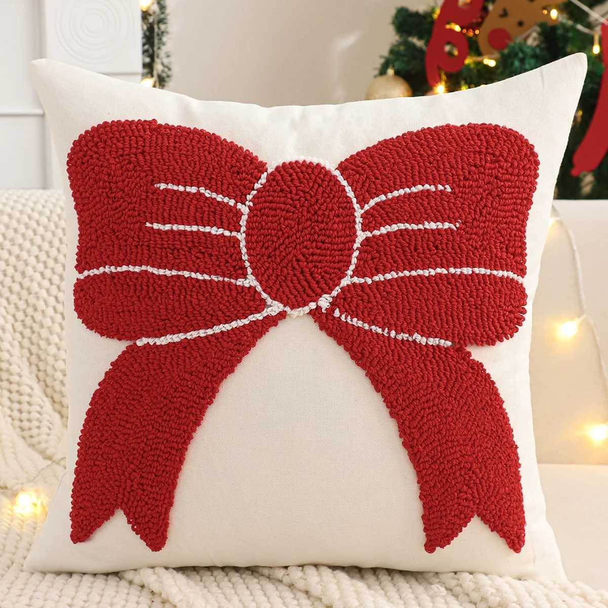 Tufted Throw Pillow Cover Christmas Decoration Canvas Christmas Tree Bow Gift Winter Farmhouse Home Sofa Living Room Y251105