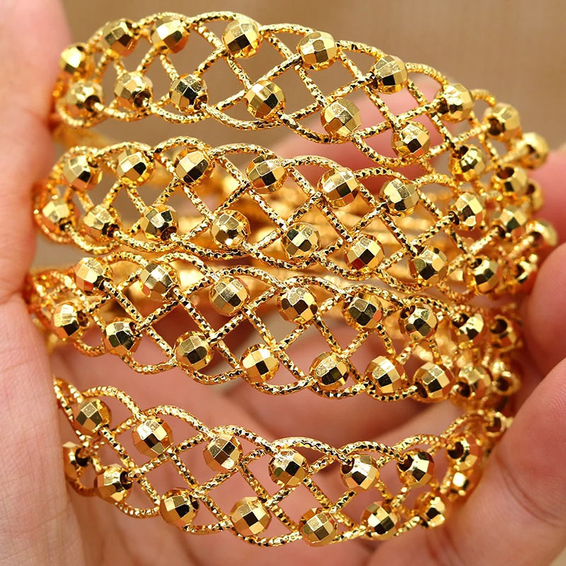 24K Copper 4pcs Ethnic Bead Gold Color Saudi Bangles For Girls Bracelet Women Girl Africa Bangles Wedding jewelry 251031