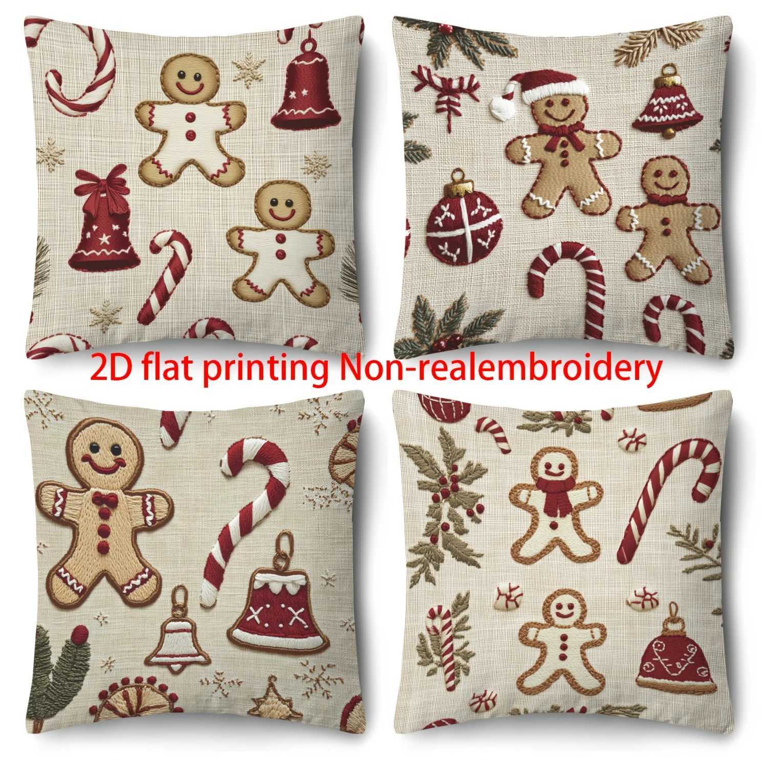 4pcs Christmas Gingerbread Pillow Covers Bell Candy Cane Print 2D Polyester Zipper Closure for Sofa Decor Y251105
