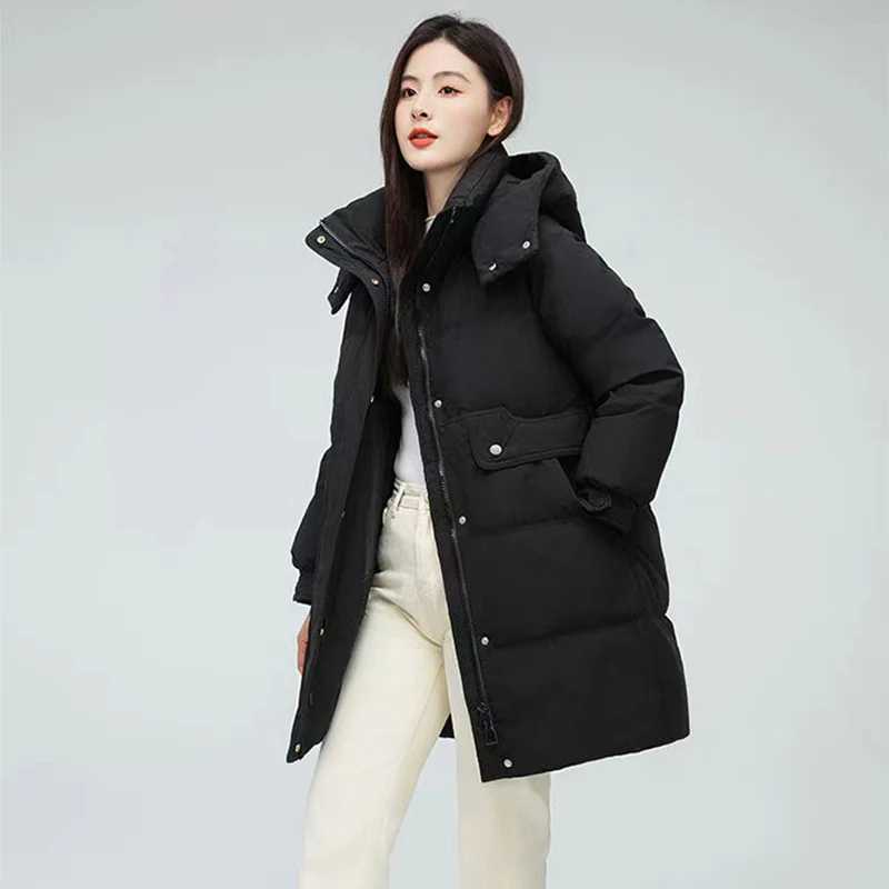 Winter New Mid-Length Down Cotton Jacket Women Korean Puffy Hooded Parkas Woman Fashion Street Zip Up Padded Cotton Coat MujerT251105