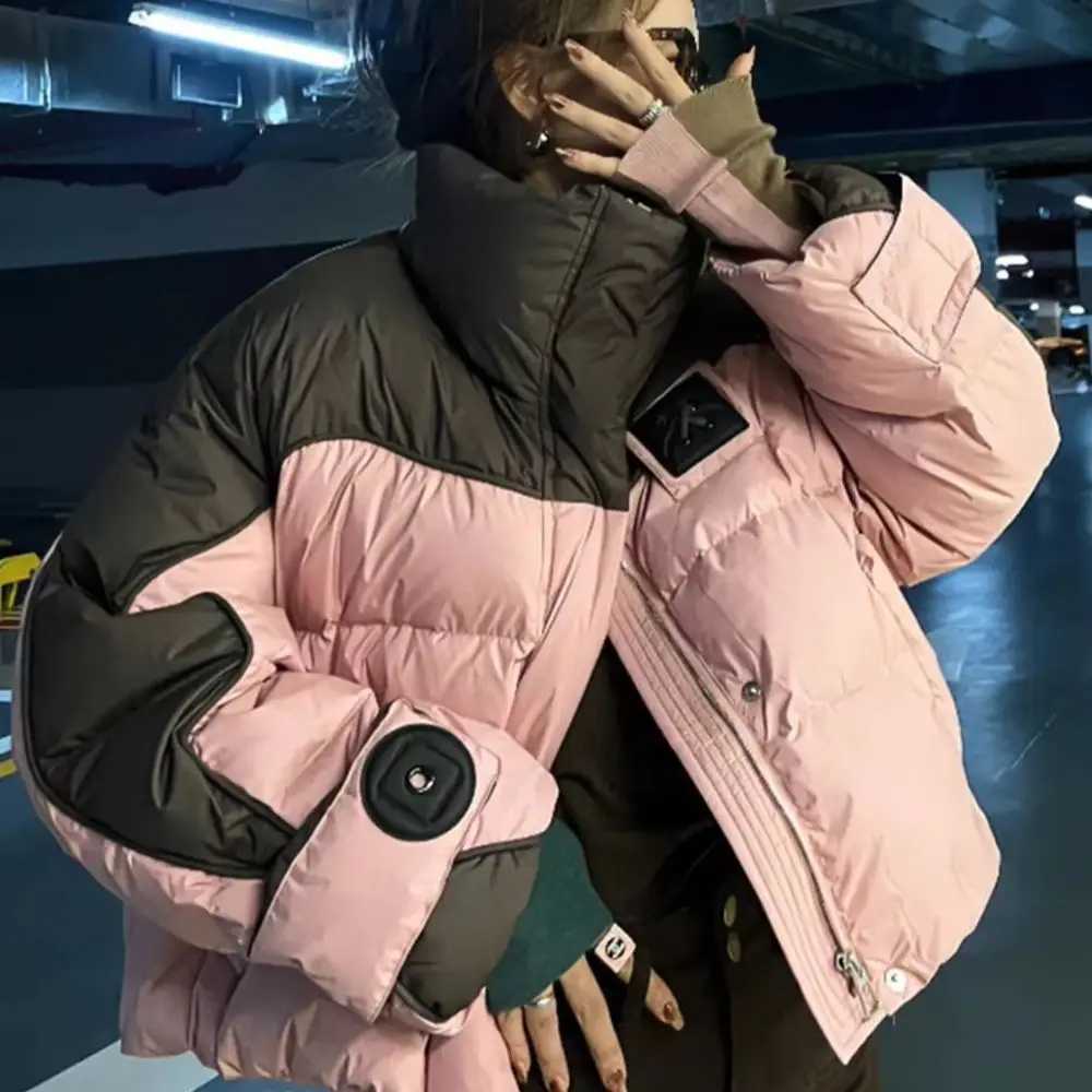 Women Contrast Color Cotton Coats Winter Thick Warm Short Cotton Padded Jackets Tops Trendy Casual Loose Quilted Jacket ParkasT251105