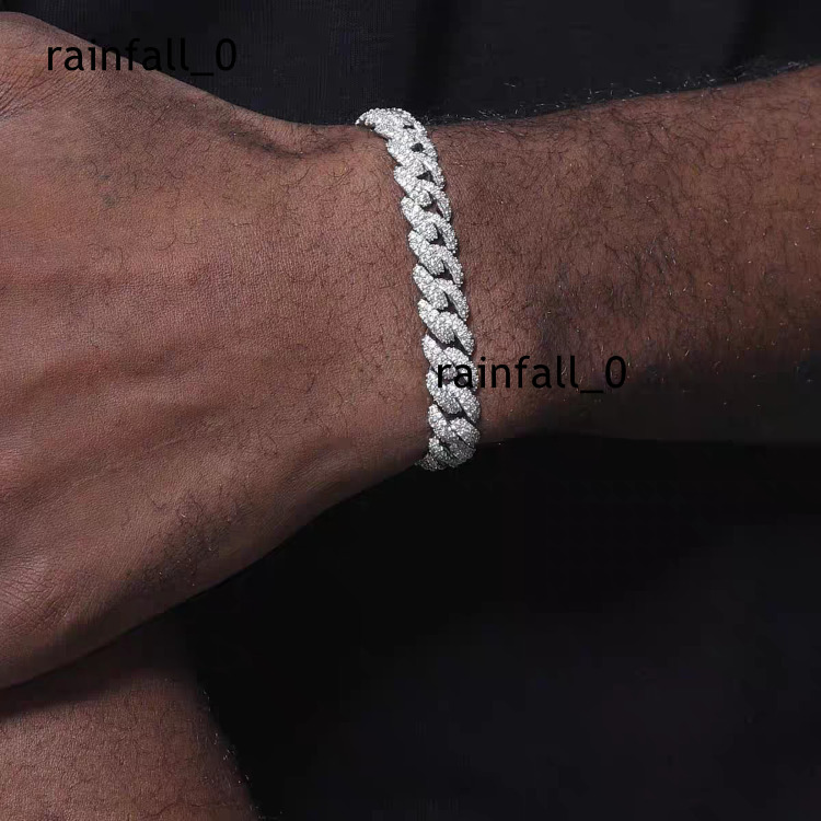 Yu Ying Mens 9mm Full Iced Out Moissanite Diamonds 2 Rows Cuban Link Chain Bracelet S925 Sterling Silver Jewelry