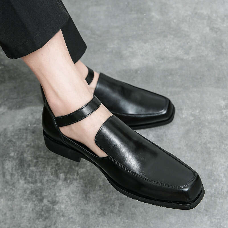 Spring and Autumn Breathable Fashion Black Low Heel Buckle Square Head Small Leather Shoes Large Size Baotou Sandals