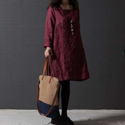 Plus Size Women's Clothing Artistic Style Fresh Loose Embroidered Long Sleeve Cotton Linen Dress Trendy B5