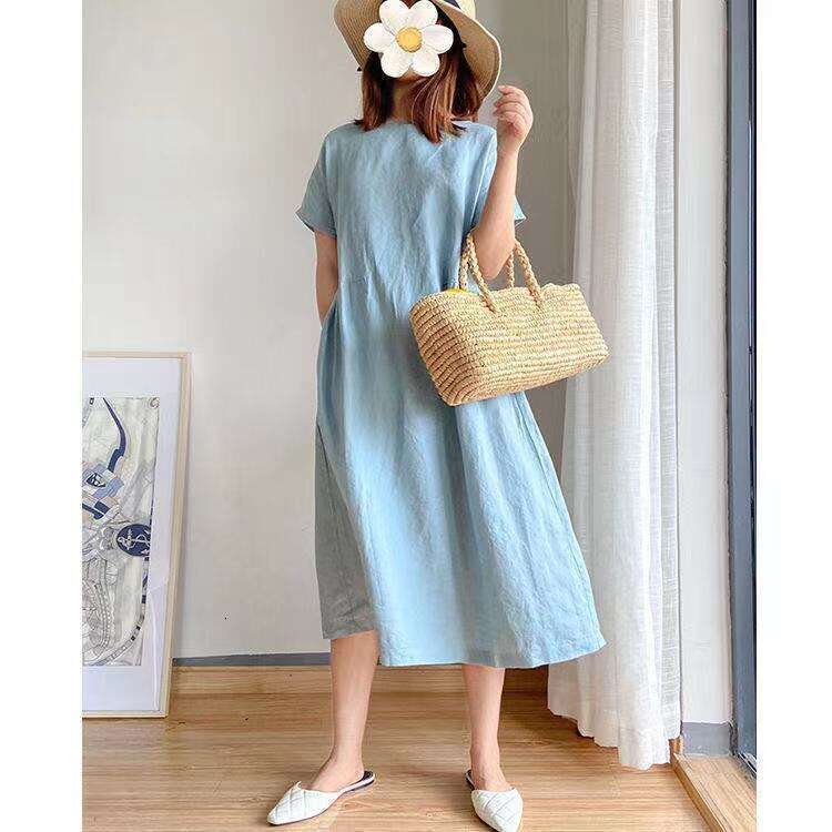 Japanese And Korean Simple Artistic Style Loose Slimming For Women Summer New Plus Size Fat MM Mid-Length Dress B5