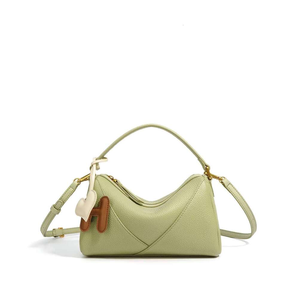 New Light Green Color Boston Tote Simple Niche Design Cowhide Leather Women Handbag With H Heart Deco Ladies Shoulder Bag
