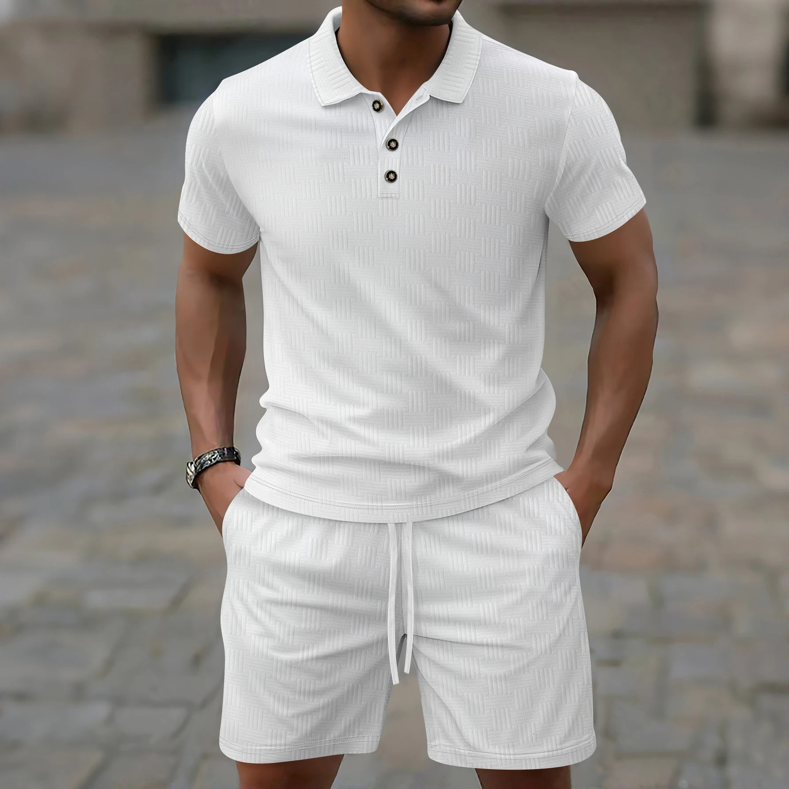 Summer mens European and American jacquard mens casual lapel polo short sleeved shorts casual high-end set 250403