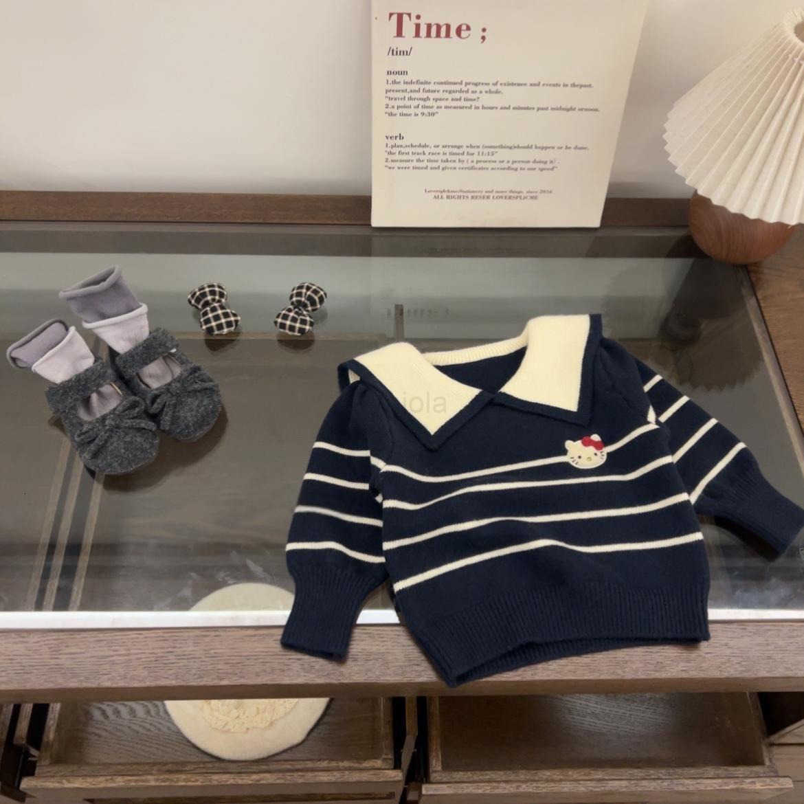 Sanrio Little Five Class Sweater 2025 New Korean Version Childrens Girls Sweater Cartoon KT Cat Striped Turn-down Collar Knitted Trendy H251105