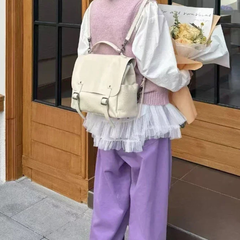 New Retro England Style College Girl Satchel Tote 2 Sizes Beige Vegetable Tanned Cowhide Leather Women Backpack Bookbag