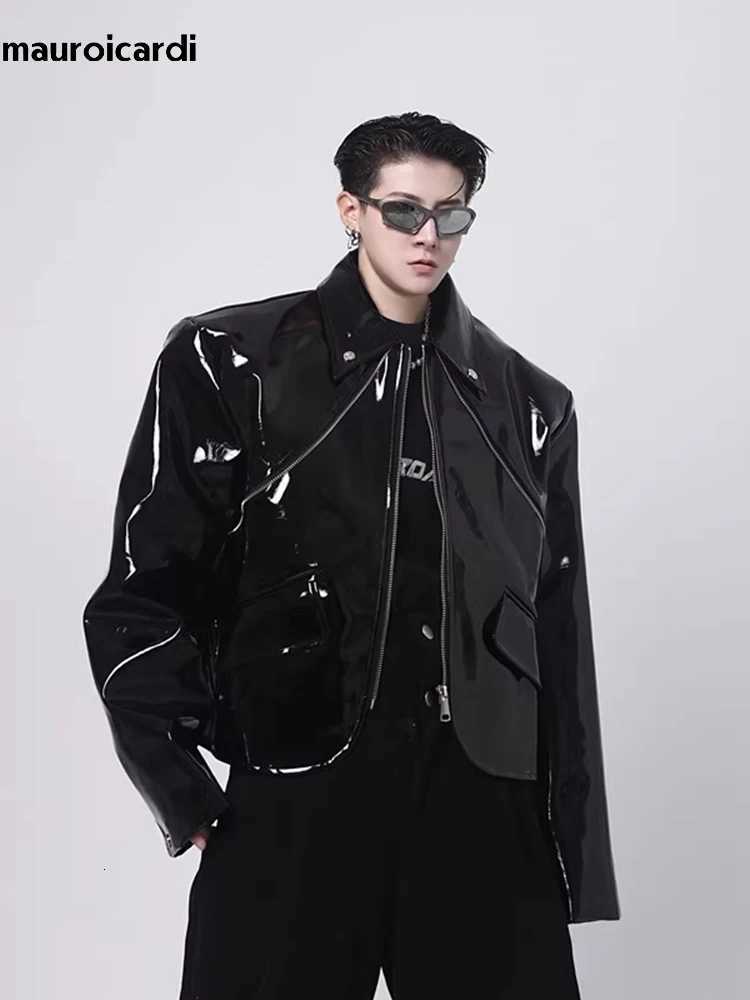 Mauroicardi Spring Autumn Cool Loose Short Black Shiny Reflective Patent Faux Leather Jacket Men Zipper Luxury Designer Clothes C251105