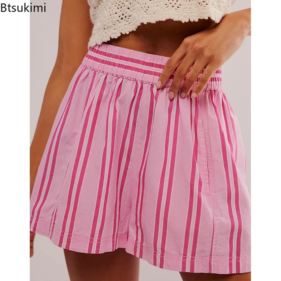 2025 Womens Summer Casual Shorts Striped Elastic High Waist Loose Pockets Short Socks Pocket Streetwear Suitable for Girls 250401