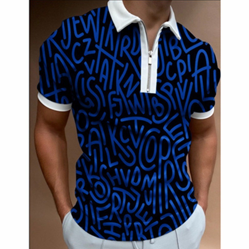 Mens Spring New Mens Casual 3D Printed Collar Short Sleeve Zipper Polo Mens T-shirt Top