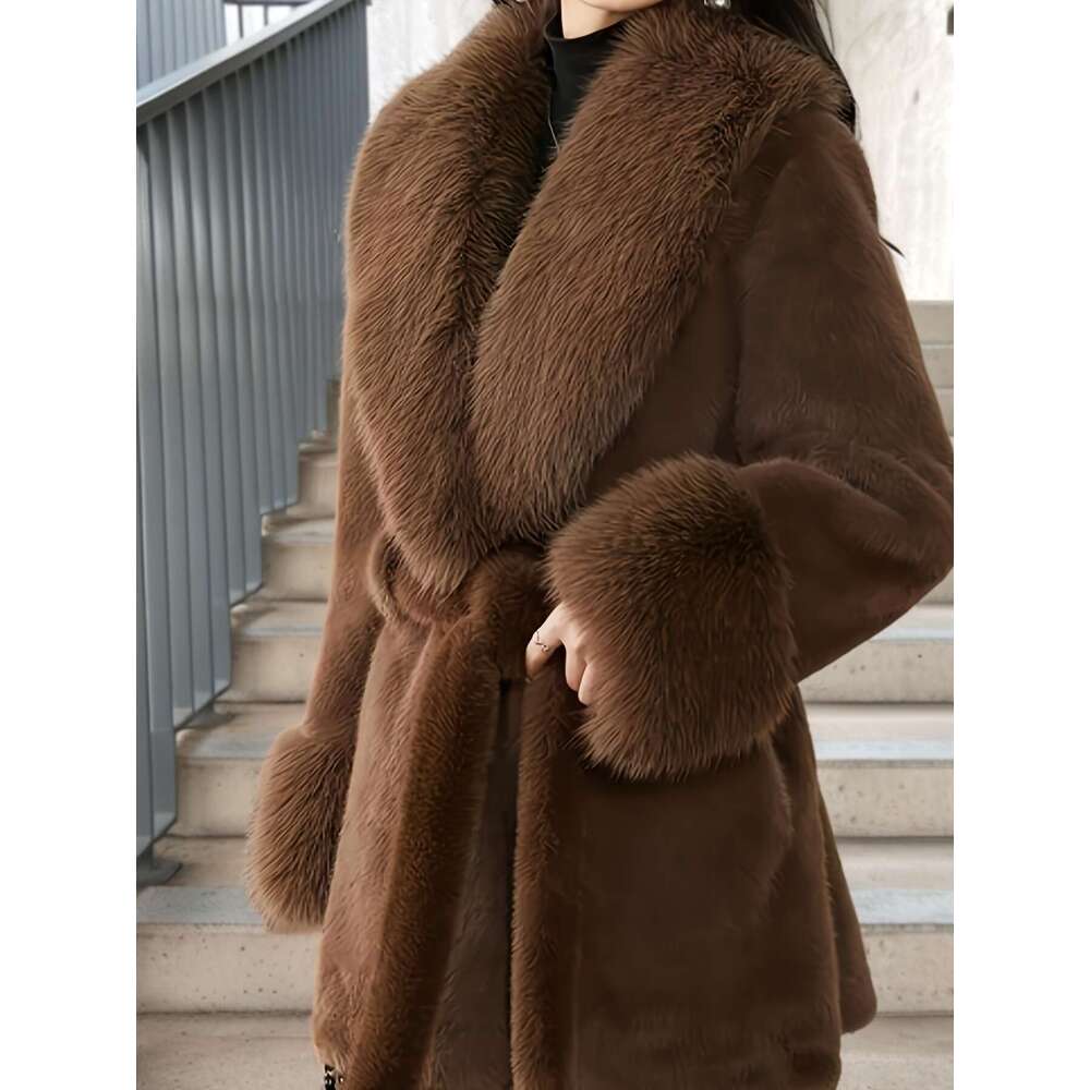 Plus Size Women's - Elegant V-Neck Long Coat With Lace-Up Front, Plush Faux Fur For Warmth, Chic Cold Weather Outerwear In ///Navy ///, Soft Lini