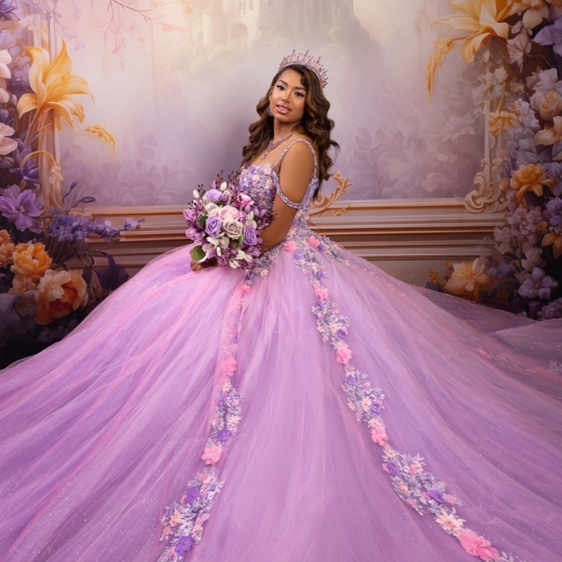 Lilac Shiny Quinceanera Dresses Off Shoulder Ball Gown Sweet 16 Dress Applique Flower Beads Tull Birthday Party Vestidos 15 De Anos