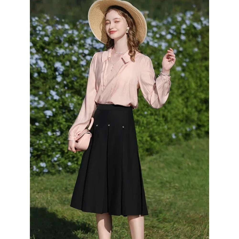 Black High-Waisted Pleated Skirts For Women Spring New Midi A-E Solid Skirt Foreign Temperament