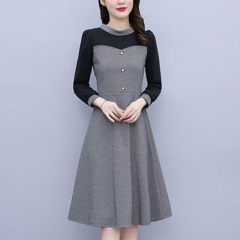 plus size women's new long sleeve high waist printed banquet dress mid-length skirt D02795