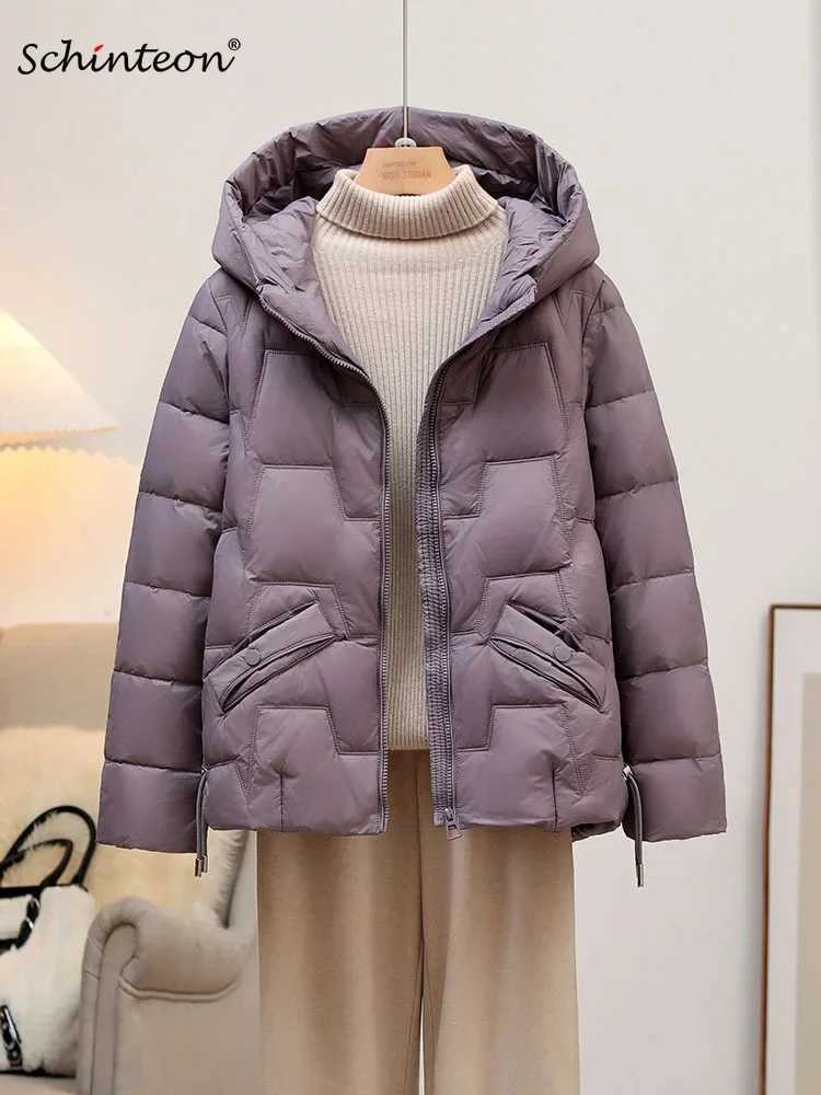Schinteon Women White Duck Down Jacket with Hood Autumn Winter Warm Outwear Korean Style High Quality Solid Color Coat 2025 NewT251105