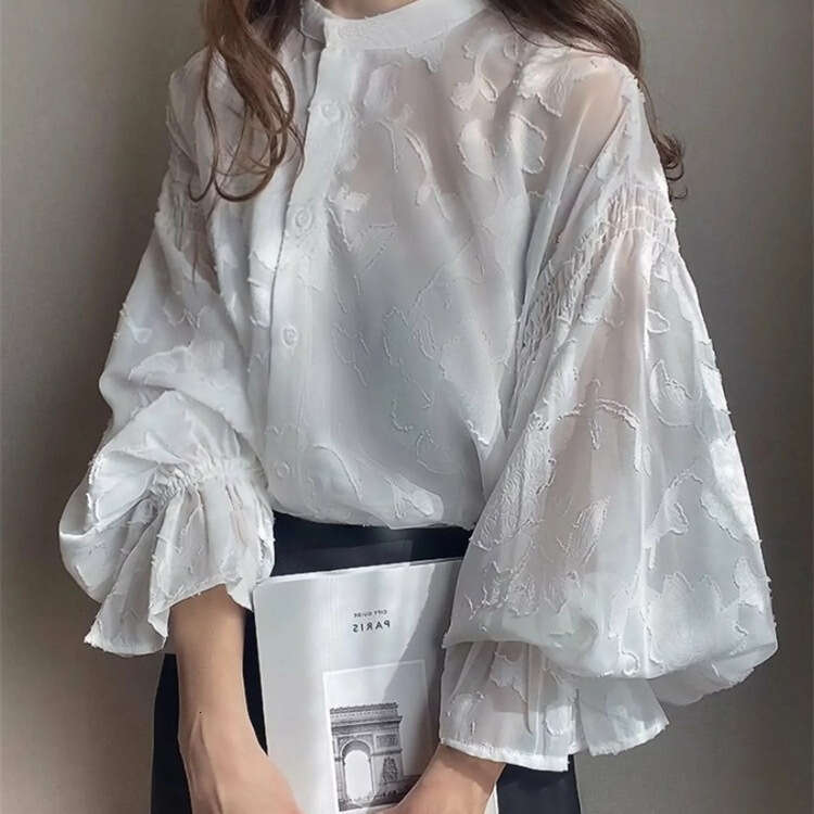 Japan Rakuten Summer New Floral Jacquard Lantern Sleeve Transparent Shirt B5