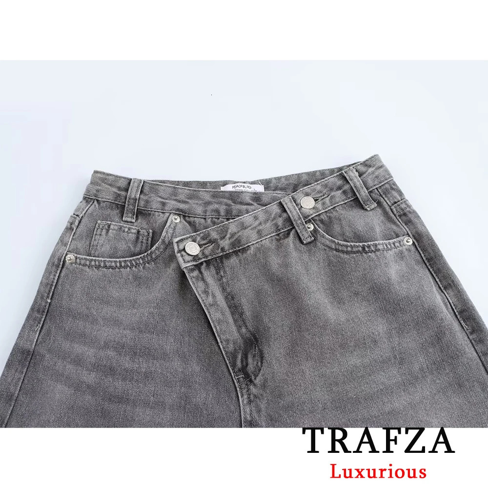 TRAFZA Streetwear High Waist Trouser Womens Light Grey Button Wide Leg Fashion Young Tight Pants 250403