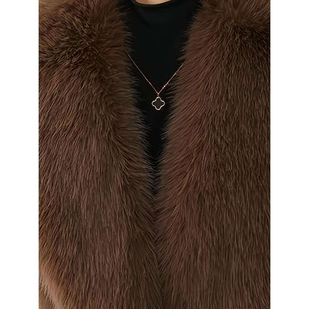 Plus Size Women's - Elegant V-Neck Long Coat With Lace-Up Front, Plush Faux Fur For Warmth, Chic Cold Weather Outerwear In ///Navy ///, Soft Lini