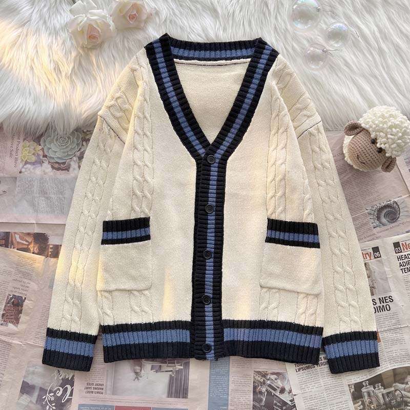 Spring Autumn New Color-Block Cardigan Sweater For Women And Men Japanese Retro Lazy Style BF Loose Warm Knitted Jacket B5