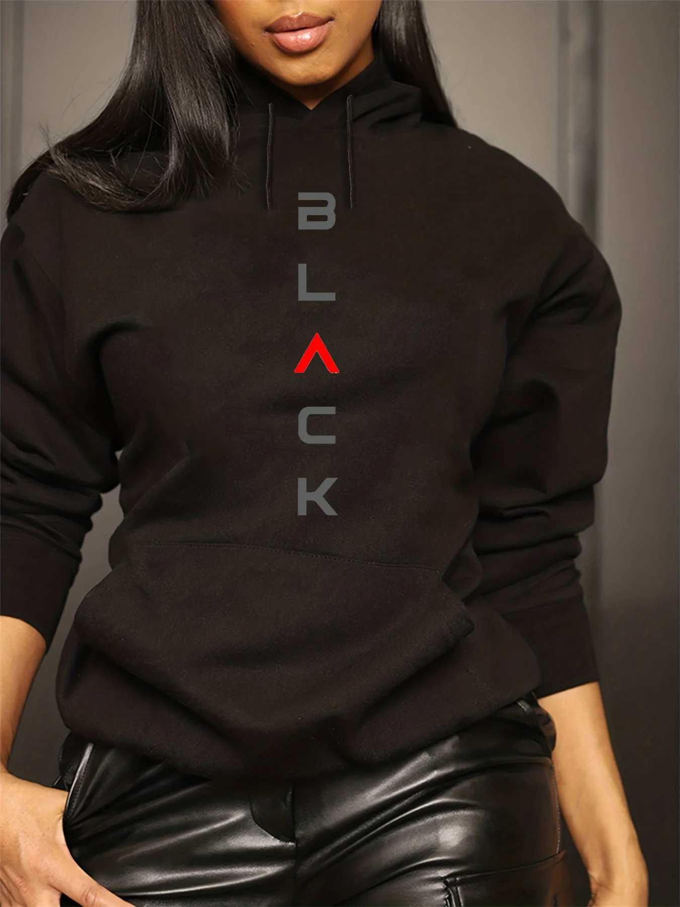 Womens autumn and winter fashionable casual loose BLACK letter printed round neck long sleeved drawstring hooded pulloverT251105