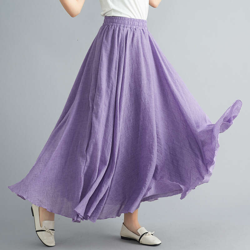 Mori Girl Artistic Plus Size Cotton Elastic Waist Linen A-Line Long Solid Color Ethnic Style Flared Skirt B5