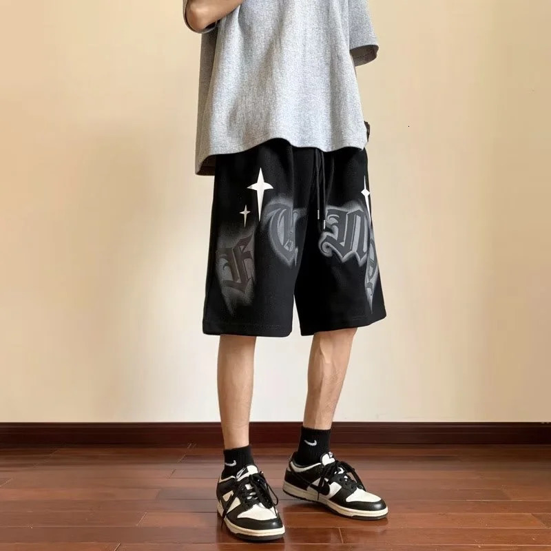 Korean Trend Star Letter Printing Couple Shorts Neutral Shoulder Strap Dragging Casual Loose Couple Shorts 250402