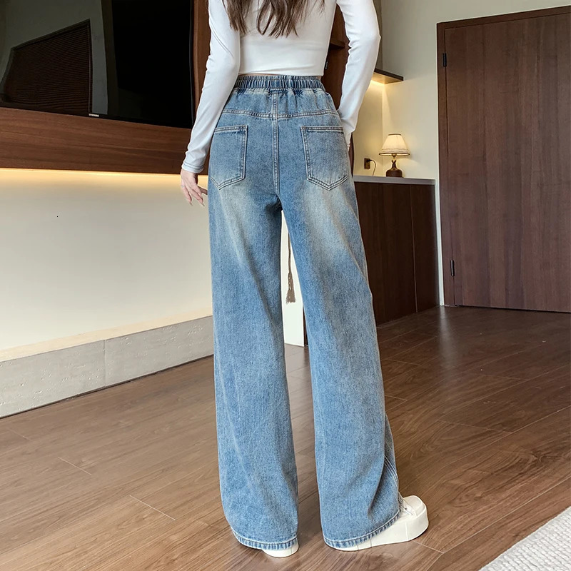 L6XL Plus Womens Large Size Jeans Spring High Waist Straight Blue Mens Wide Leg Loose Brushed 250403