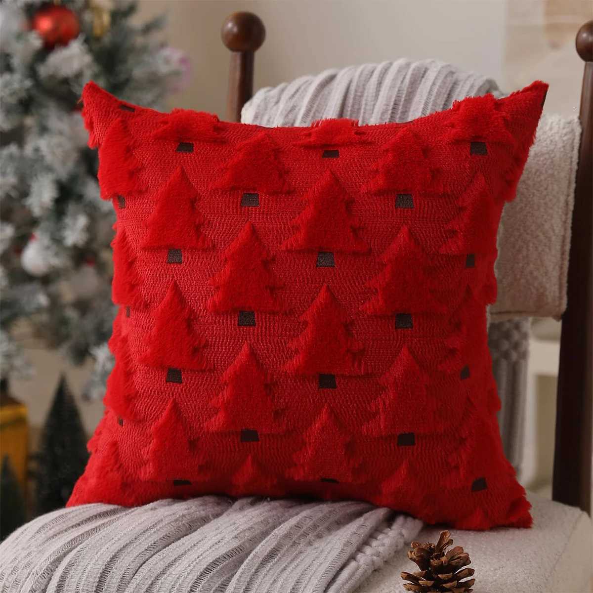 1pc Christmas Pillow Covers 18x18 inch Decorations 3D Soft Plush Faux Fur Wool jacquard weaving Christmas Tree Throw Pillow Y251105
