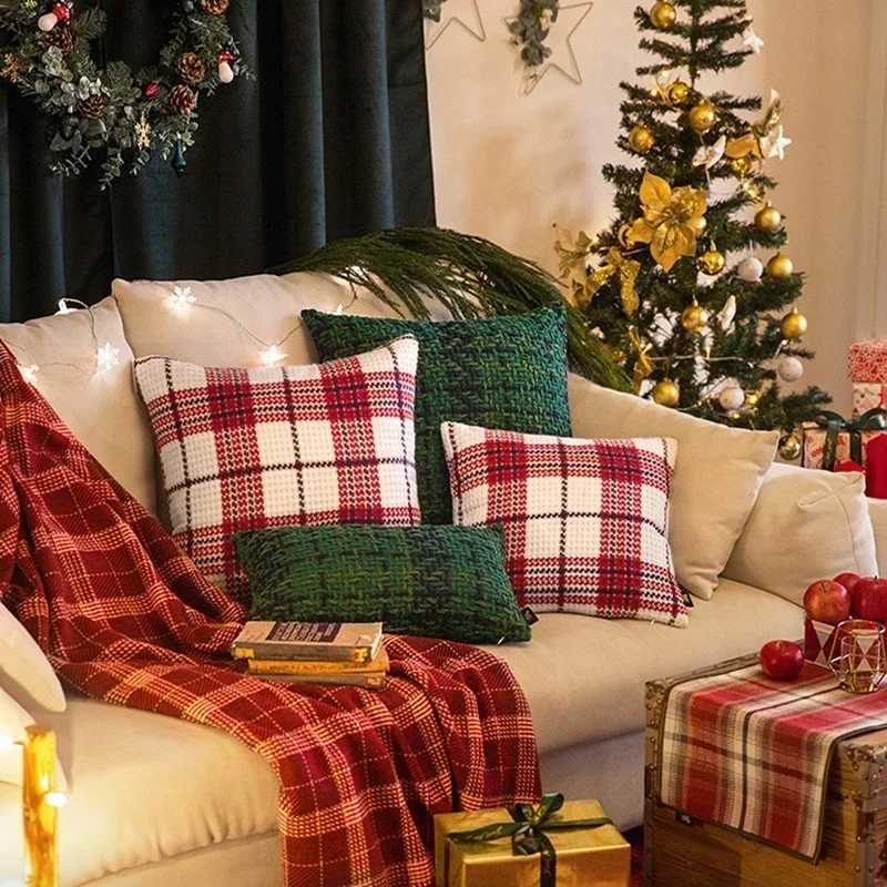 Red Green Christmas Plaid Weave Cushion Cover Thick Crochet Pillowcase 45x45/30x50cm Christmas Decorative Throw Pillow Cover Y251105
