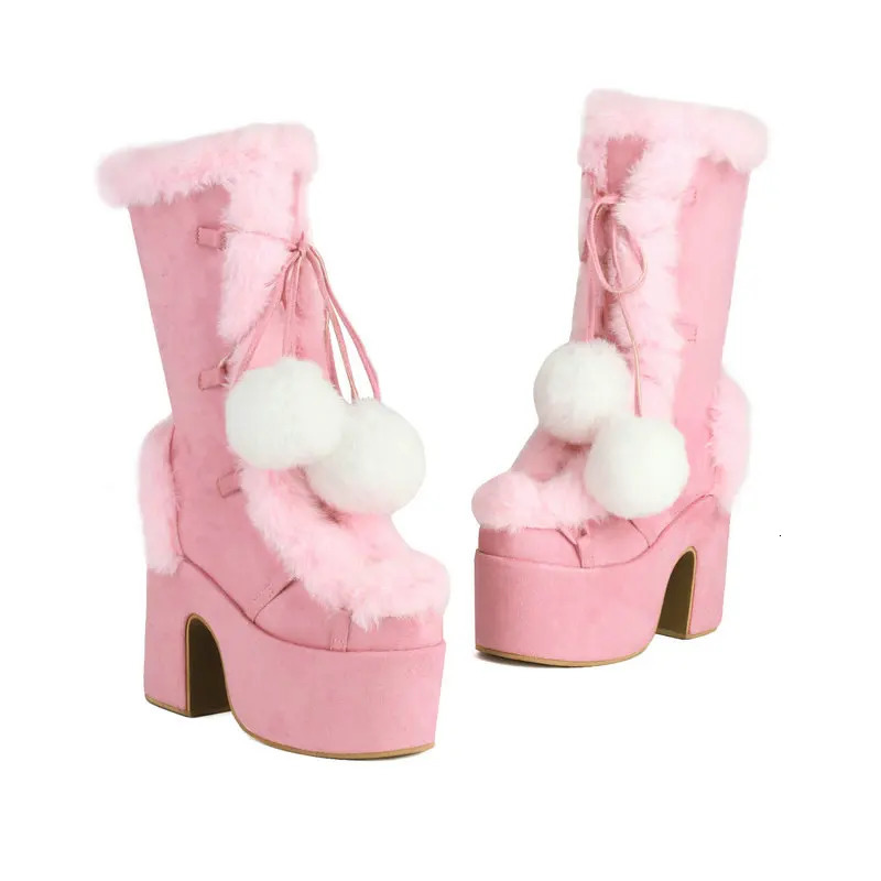 Plus Size 45 Cold Winter Super Warm Plush Lined Women Fur Shoes With Pompom Chunky High Heels White Pink Platform Snow Boots 251104