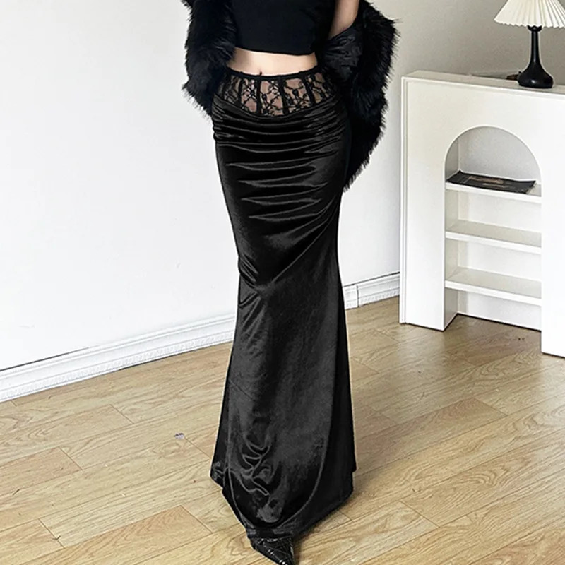 Gothic Dark Elegant Shopping Center Velvet Trumpet Skirt 250324